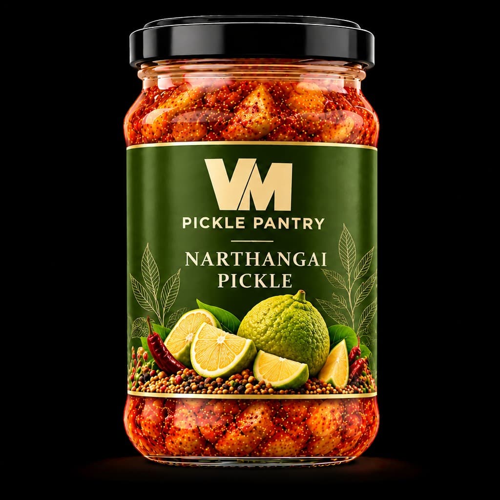 A jar of VM Pickle Pantry Narthangai pickle